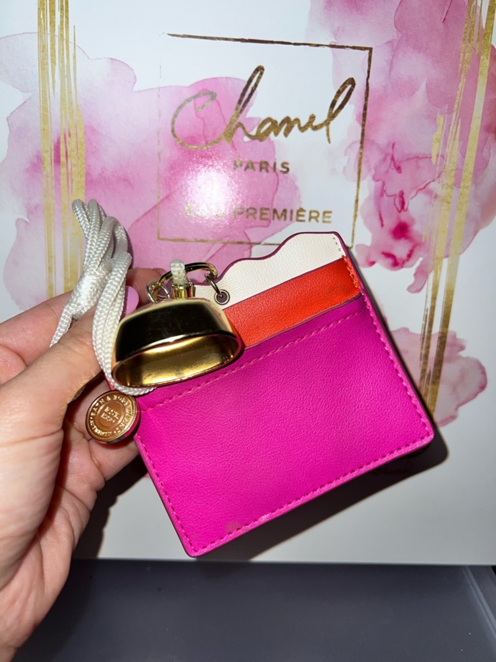 Bath & Body Works Pink & Orange Cardholder with Gold Bell Hand Sanitizer Holder